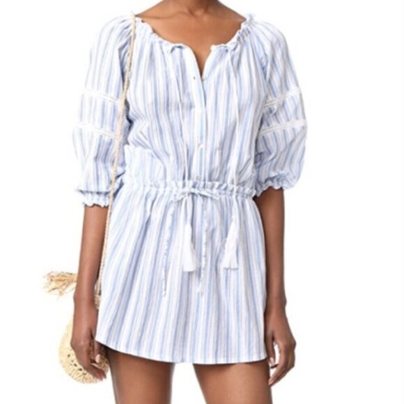 FAITHFULL THE BRAND Alacati Blue and White Striped Boho Peasant Mini Dress - Picture 3 of 6